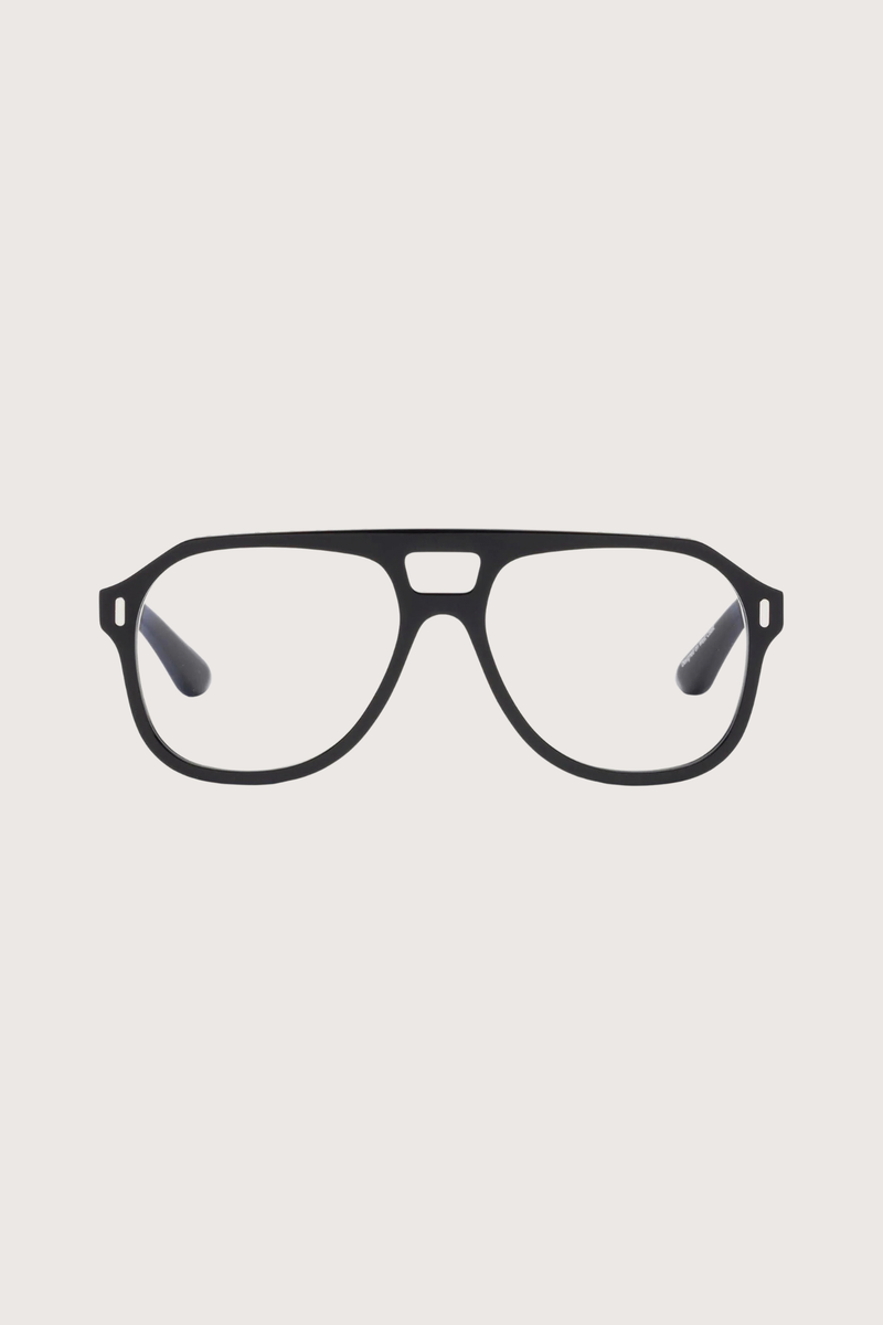 front profile RCA Reading Glasses  Gloss Black +1.50 clear lens black frame aviator shape
A premium hard coating protects lenses, increasing durability and minimizing scratches
High-performance water, dirt, and grease-repellent coating
Premium, bio-based acetate frame
3-barrel industrial hinges