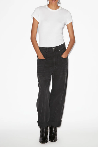 front profile model wearing Rachelle Seasonal Jeans pleated loose fit