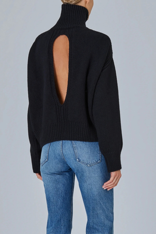 back profile model wearing Raglan High Neck With Back Slit Sweater Black Contemporary sweater
Tall ribbed neck
Teardrop back slit
Soft raglan lines
Rib structure
Slightly oversized fit
Crafted stitch details
100% cashmere