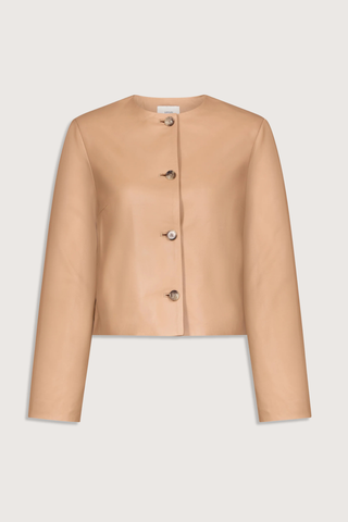 flat lay Raho Leather Jacket Sienna Soft plongé lambskin leather
Slightly cropped
Boxy fit
Crew neck
Long sleeves
Four-button placket.