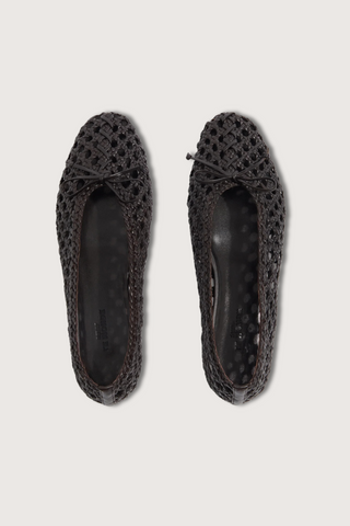 top profile Regency Slipper Chocolate Woven Leather Bow detail at front Cushioned calf leather insole 8mm heel