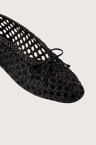 close up detail of Regency Slipper Chocolate Woven Leather Bow detail at front Cushioned calf leather insole 8mm heel