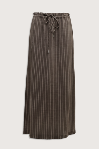 flat lay Regina Stripe Skirt graphite traight cut
Drawstring waist
Elevated linen stripe
Adjustable
Midi length
High back slit
Side seam pockets
Hardware at drawstring
