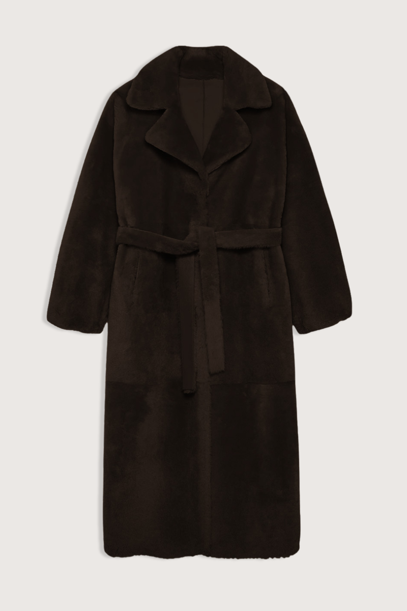 other side flat lay  Rein Nappa Reversible Shearling Self-tie waist belt
Wide lapel collar
Longline silhouette