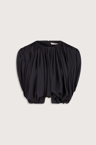 flat lay Renata Top Open Back Black silk Shirred, draped top
Draped in a single piece from front to back around the armhole
Classic crew neckline
Structured shoulder pads