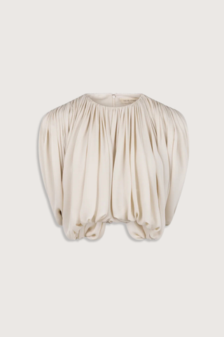 flat lay Renata Top Open Back Ecru silk Shirred, draped top
Draped in a single piece from front to back around the armhole
Classic crew neckline
Structured shoulder pads