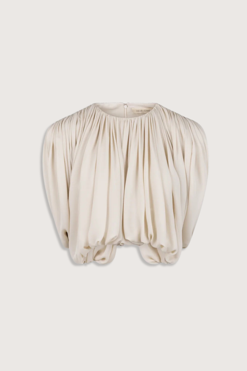flat lay Renata Top Open Back Ecru silk Shirred, draped top
Draped in a single piece from front to back around the armhole
Classic crew neckline
Structured shoulder pads