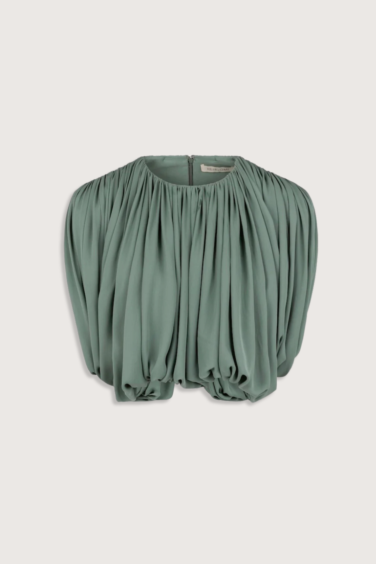 flat lay Renata Top Open Back Eucalyptus silk Shirred, draped top
Draped in a single piece from front to back around the armhole
Classic crew neckline
Structured shoulder pads