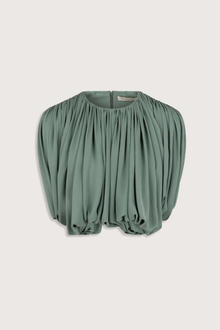 flat lay Renata Top Open Back Eucalyptus silk Shirred, draped top
Draped in a single piece from front to back around the armhole
Classic crew neckline
Structured shoulder pads