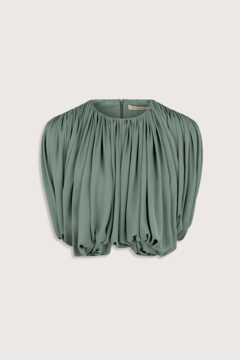 flat lay Renata Top Open Back Eucalyptus silk Shirred, draped top
Draped in a single piece from front to back around the armhole
Classic crew neckline
Structured shoulder pads
