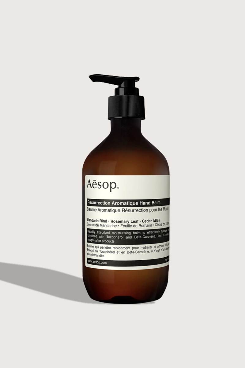 flat lay Resurrection Hand Balm 500mL brown bottle with pump