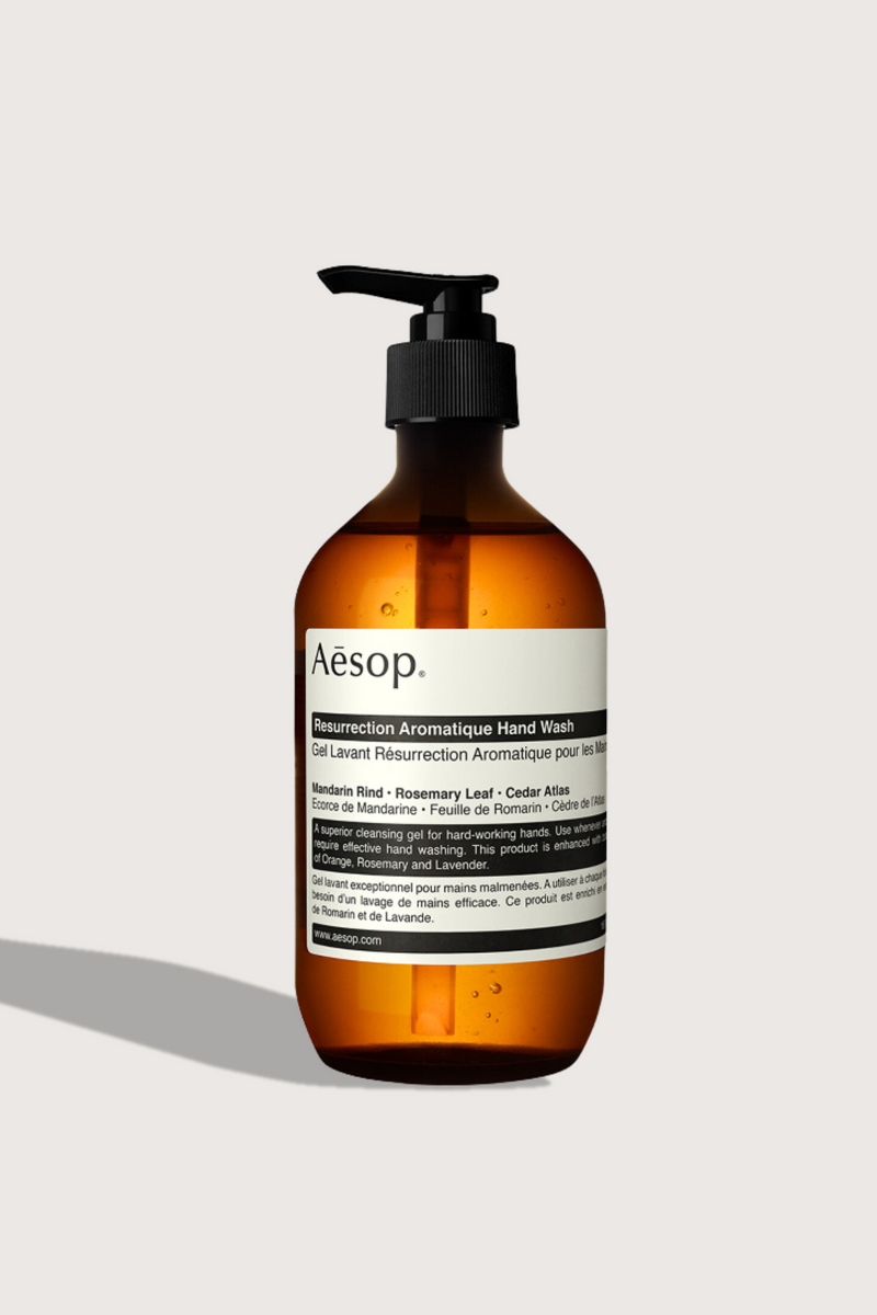 flat lay Resurrection Hand Wash 500mL brown bottle with pump