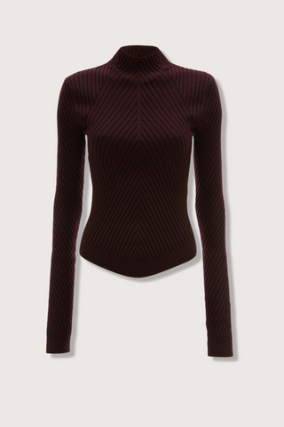 flat lay Ribbed Long Sleeve with thumb holes Knit Polo Merlot high v-neckline merino wool curved v hemline