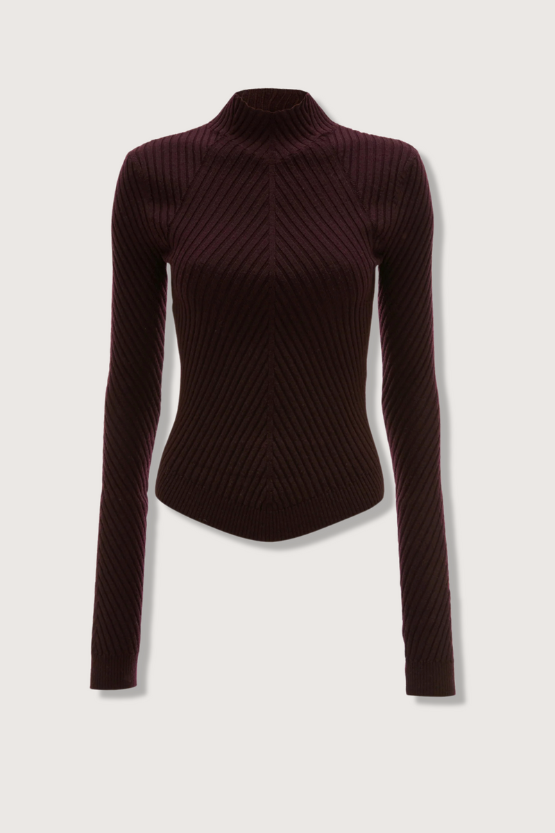 flat lay Ribbed Long Sleeve with thumb holes Knit Polo Merlot high v-neckline merino wool curved v hemline