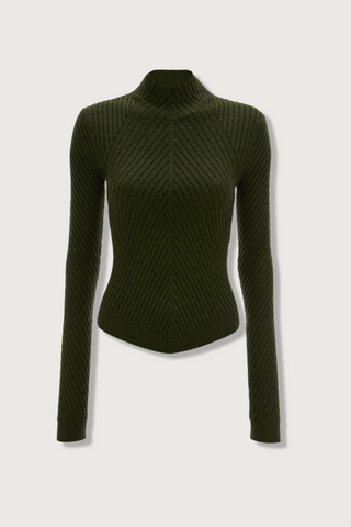 flat lay Ribbed Long Sleeve with thumb holes Knit Polo Oregano high neck with v-neckline merino wool curved v hemline