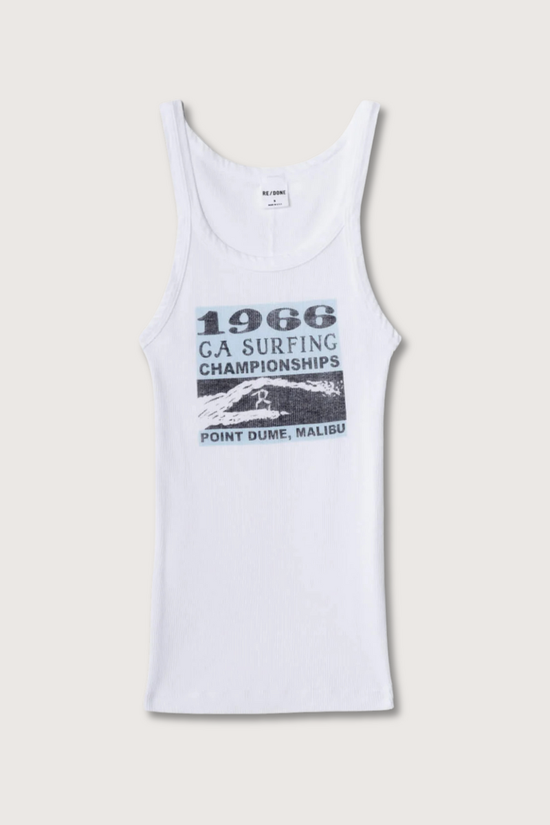 flat lay Ribbed Tank California Surf graphic with balanced tank straps white cotton