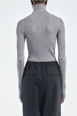 back profile model wearing Ribbed Turtleneck Heather Grey long sleeve slim fit merino wool