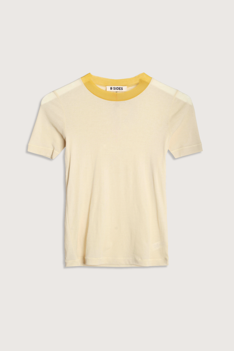 flat lay Ringer Crepe Jersey Tee Light Yellow/Yellow cotton Luxe second skin short sleeve crew neck fit
Thick contrast collar
Set-in sleeves
Raw finishing details