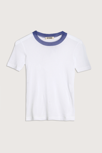 flat lay Ringer Crepe Jersey Tee White/Blue cotton Luxe second skin short sleeve crew neck fit
Thick contrast collar
Set-in sleeves
Raw finishing details