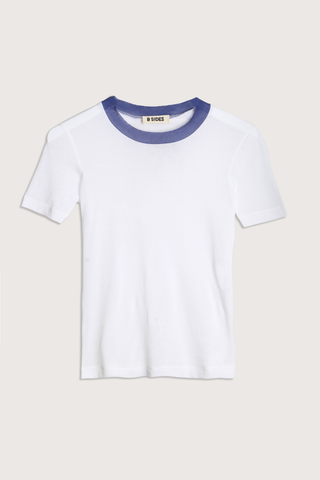 flat lay Ringer Crepe Jersey Tee White/Blue cotton Luxe second skin short sleeve crew neck fit
Thick contrast collar
Set-in sleeves
Raw finishing details