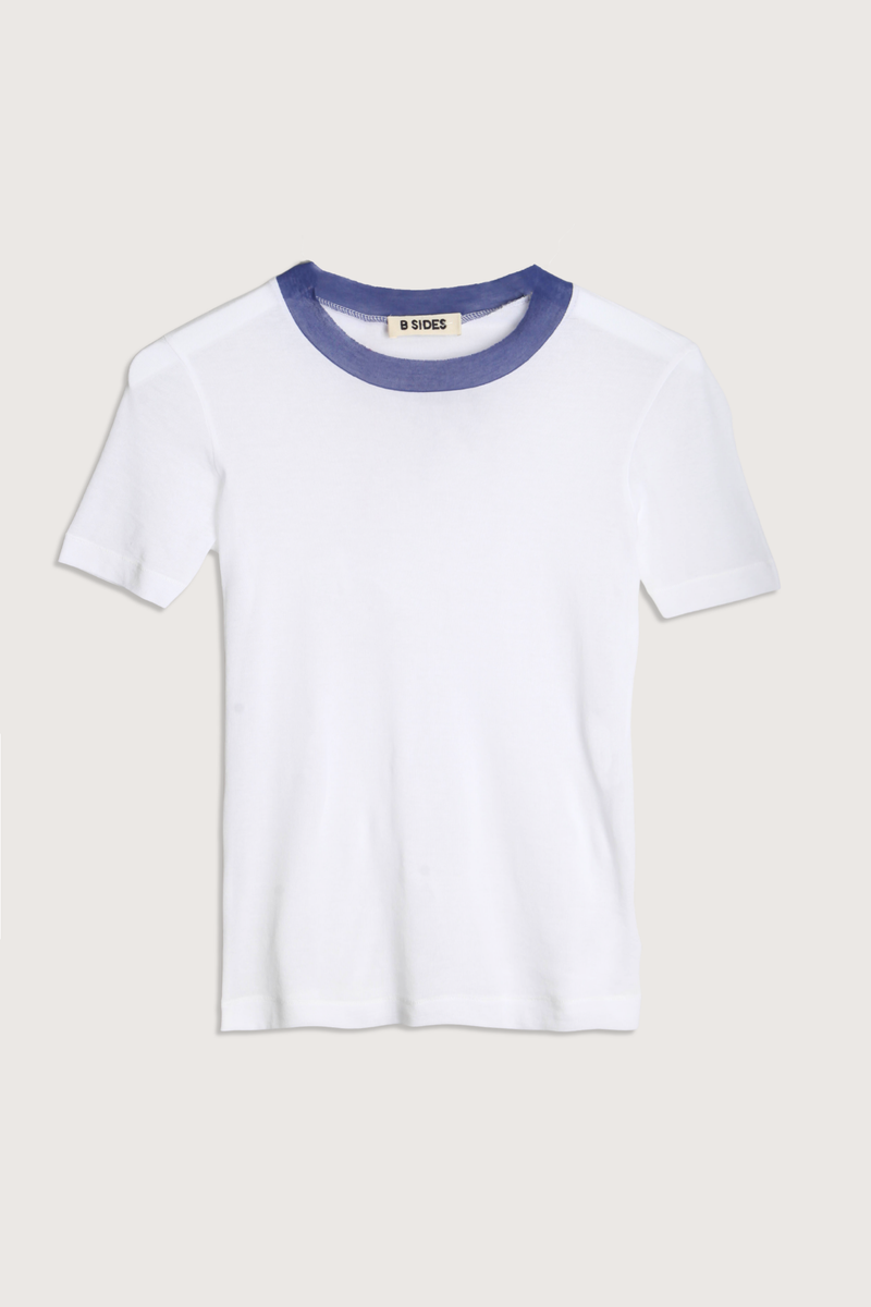 flat lay Ringer Crepe Jersey Tee White/Blue cotton Luxe second skin short sleeve crew neck fit
Thick contrast collar
Set-in sleeves
Raw finishing details