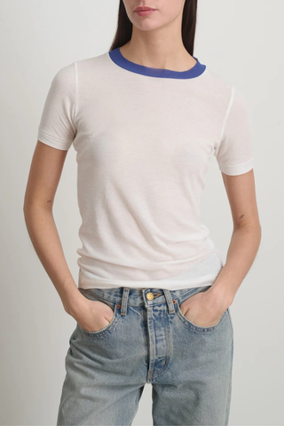 front profile model wearing Ringer Crepe Jersey Tee White/Blue cotton Luxe second skin short sleeve crew neck fit
Thick contrast collar
Set-in sleeves
Raw finishing details