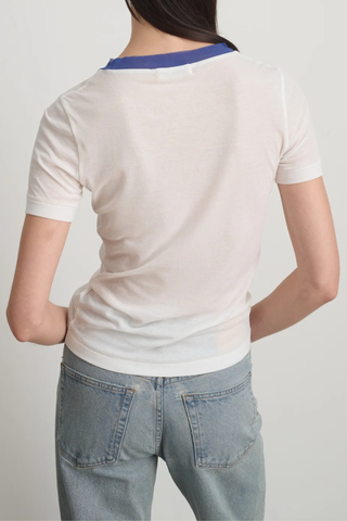 back profile model wearing Ringer Crepe Jersey Tee White/Blue cotton Luxe second skin short sleeve crew neck fit
Thick contrast collar
Set-in sleeves
Raw finishing details