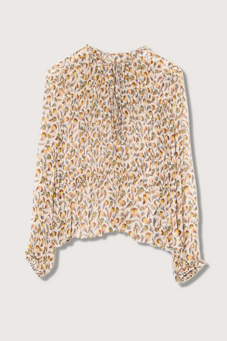 flat lay Robbie Silk Blouse swan feather print Blouson sleeves, Wispy ruffles along the neckline, v-neck with double tie