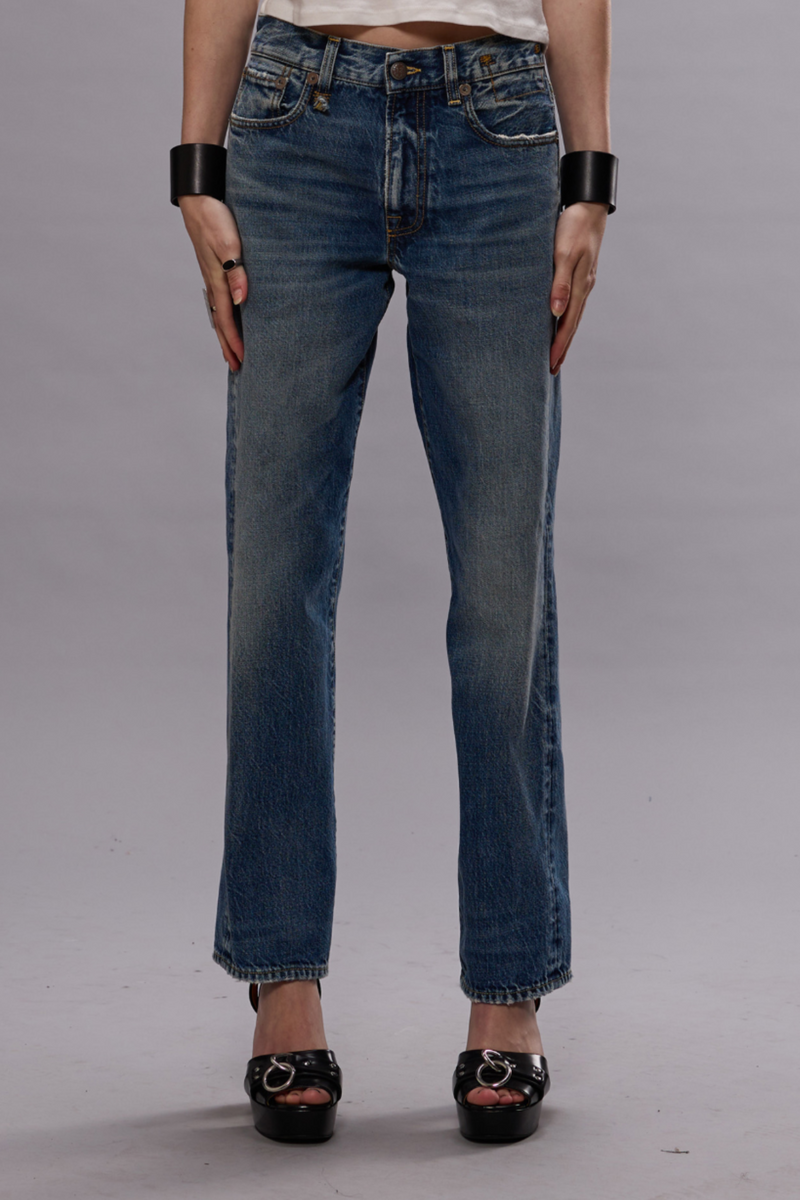 front profile model wearing Romeo Jean Hutton Blue wash slim boyfriend fit