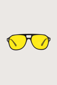 front profile Root Cause Analysis Reading Glasses  Black +0.00 aviator style black frame yellow tint lens