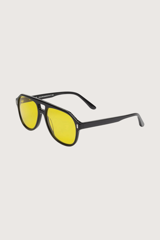 side profile Root Cause Analysis Reading Glasses  Black +0.00 aviator style black frame yellow tint lens
