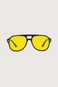 front profile Root Cause Analysis Reading Glasses  Black +1.50 aviator style black frame yellow tint lens