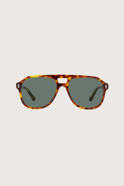 flat lay Root Cause Analysis Sunglasses Polished Terrapin brown tortoiseshell frame green lens High-density expensive acetate frame
Aviator frame shape