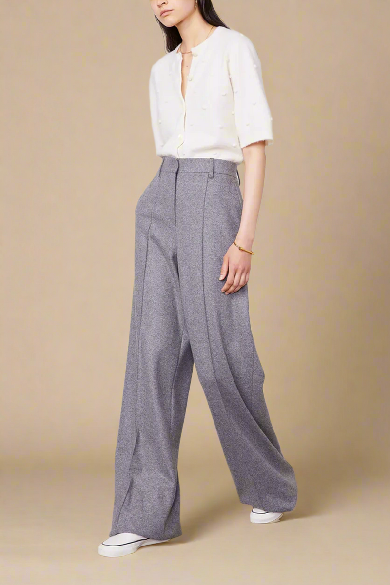 front profile model wearing Rosa Pant Italian Jersey grey wool cashmere high rise