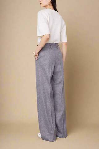 back profile model wearing Rosa Pant Italian Jersey grey wool cashmere high rise