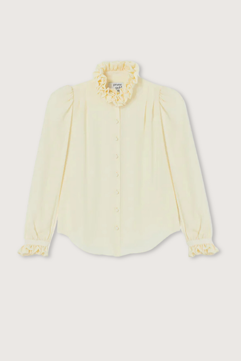 flat lay Rosanna Silk Shirt Cream with ruffle collar and cuff
