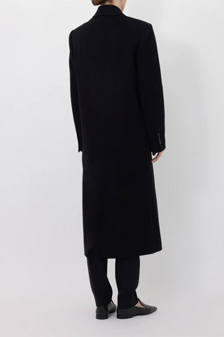 back profile model wearing Rosco Loro Piana Cashmere Blend Long black Coat double breasted