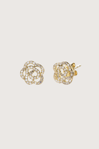 flat lay Rose Stud Yellow Gold (Pair) yellow gold Diamond Rose Stud
.25 carats of pavé diamonds
Ornate rose shape
Set in 14k gold
Sold as a PAIR
Earring height: 10 mm | Earring width: 1 mm
Finished with butterfly backings