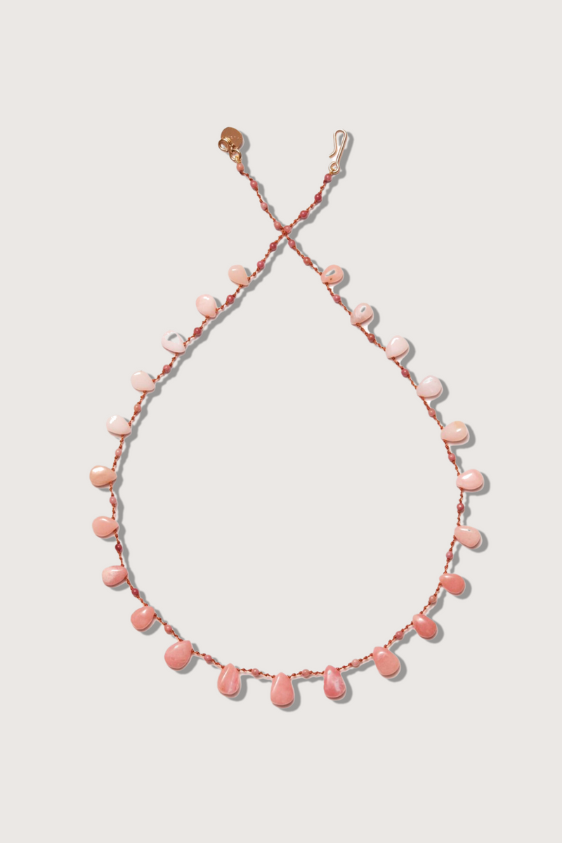 flat lay Rosemead Pink Opal Necklace with Infinity" clasp 14k gold-filled
