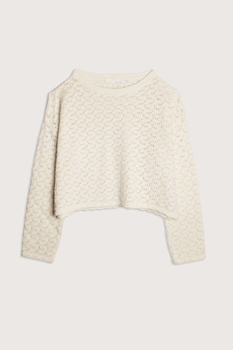 flat lay Rosie Crochet Cropped Boat Neck Top gardenia Boatneck
Cropped fit
Crochet throughout
Long sleeves
Cotton/Silk/Cashmere blend