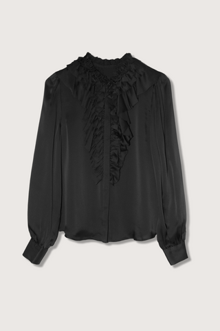 flat lay Rouen Silk Ruffle Front Blouse Noir Gathered sleeves, Elegant volume, Richly layered ruffles