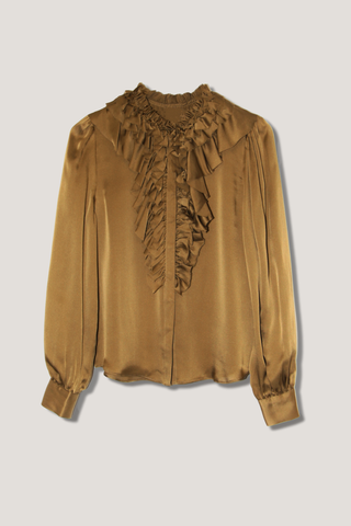 flat lay Rouen Silk Ruffle Front Blouse Willow Gathered sleeves, Elegant volume, Richly layered ruffles
