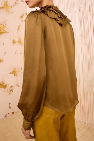 back profile model wearing Rouen Silk Ruffle Front Blouse Willow Gathered sleeves, Elegant volume, Richly layered ruffles