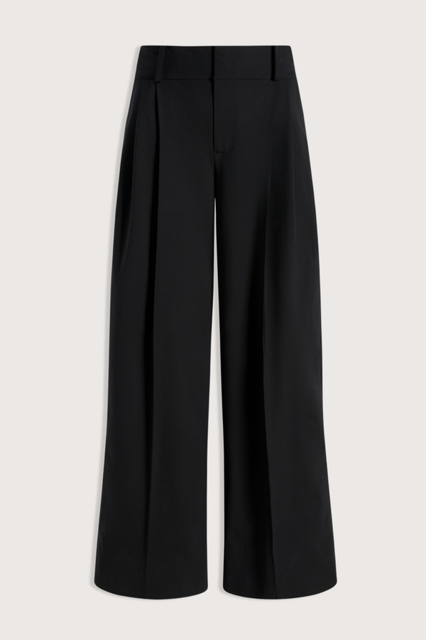 flat lay Roxana Low Rise Tropical Wool Pant black wool
Pleated trouser
Relaxed yet refined fit
double-pleated front
Side seam pockets
Two buttoned back flap pockets
Wide looped waistband
Tab waist closure for a polished finish
Tropical wool