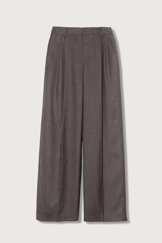 flat lay Roxana Trouser brown light wool suiting low rise pleated trouser relaxed fit tab waist closure