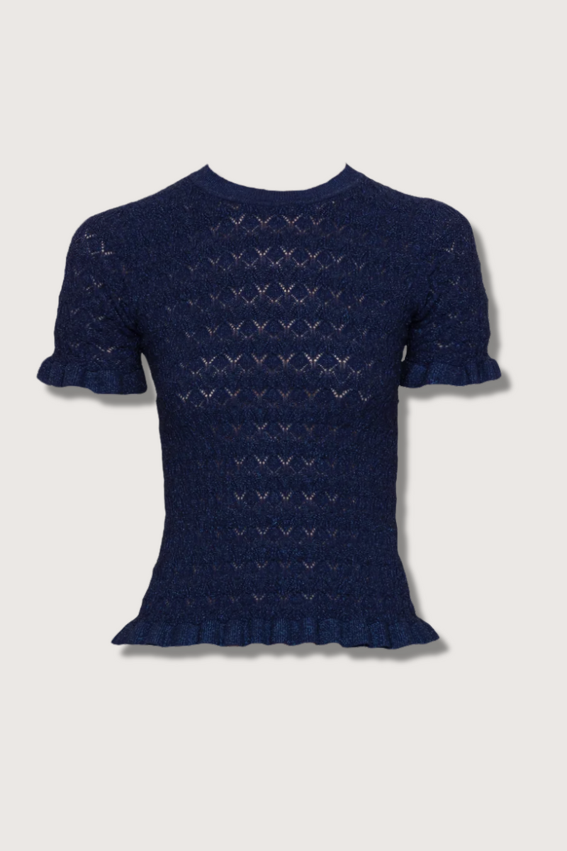 flat lay Ruby Sparkle Knit Short Sleeve Navy ruffle trim