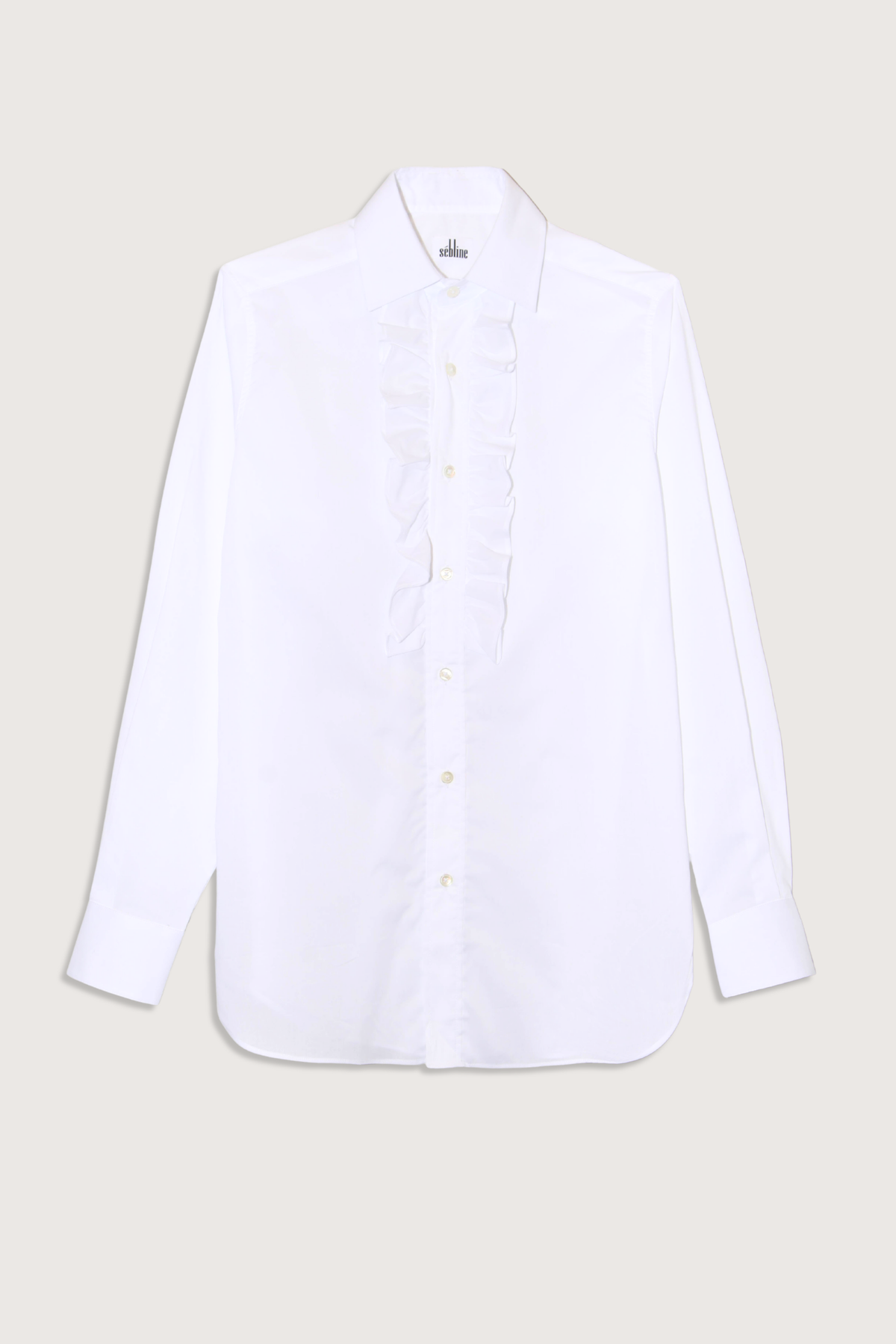 flat lay Ruffle Shirt white Straight cut - relaxed fit
Square collar 
Rounded cuff
Mother of pearl
Medium weight
100% two-ply cotton poplin woven