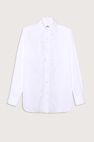 flat lay Ruffle Shirt white Straight cut - relaxed fit
Square collar 
Rounded cuff
Mother of pearl
Medium weight
100% two-ply cotton poplin woven