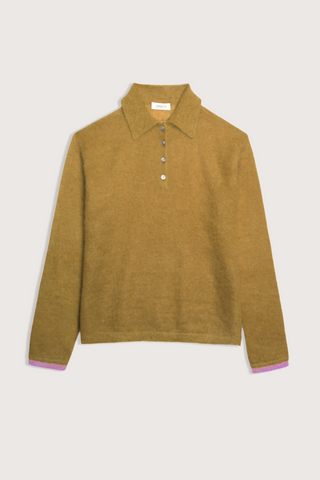 flat lay Ryan Solid Brushed Mohair Sweater long sleeve
Polo collar
4 front button closure
Purple trim contrast on the cuff
35% Mohair, 35% Superfine Alpaca, 30% Polyamide