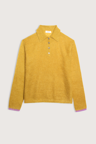 flat lay Ryan Solid Brushed Mohair Sweater moss Long sleeve
Polo collar
4 front button closure
Purple trim contrast on the cuff
35% Mohair, 35% Superfine Alpaca, 30% Polyamide